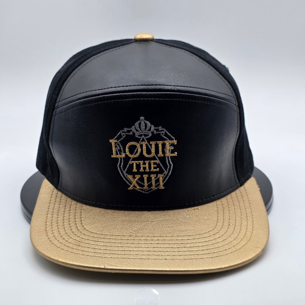 Louie The XIII Pitbull Snapback Hat Black Gold Faux Leather‎ Metallic Crest Cap